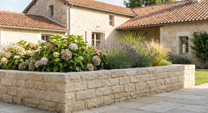 Aménagement paysager extérieur avec murets en pierre naturelle calcaire beige, construction de terrasses étagées et jardinières intégrées