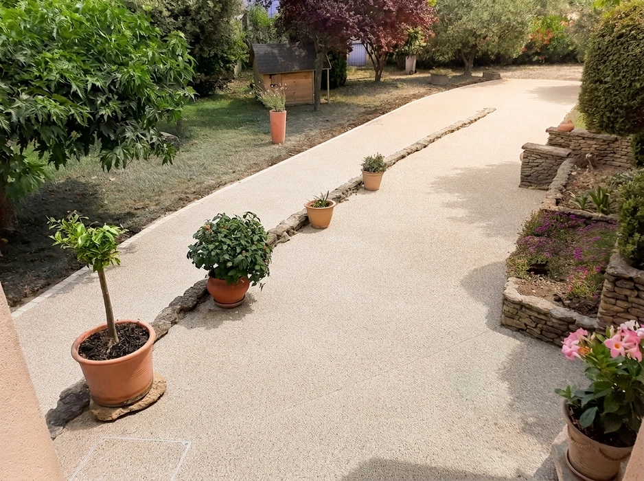 Allée de jardin privée en béton désactivé beige rosé, délimitée par un caniveau central en pierre naturelle