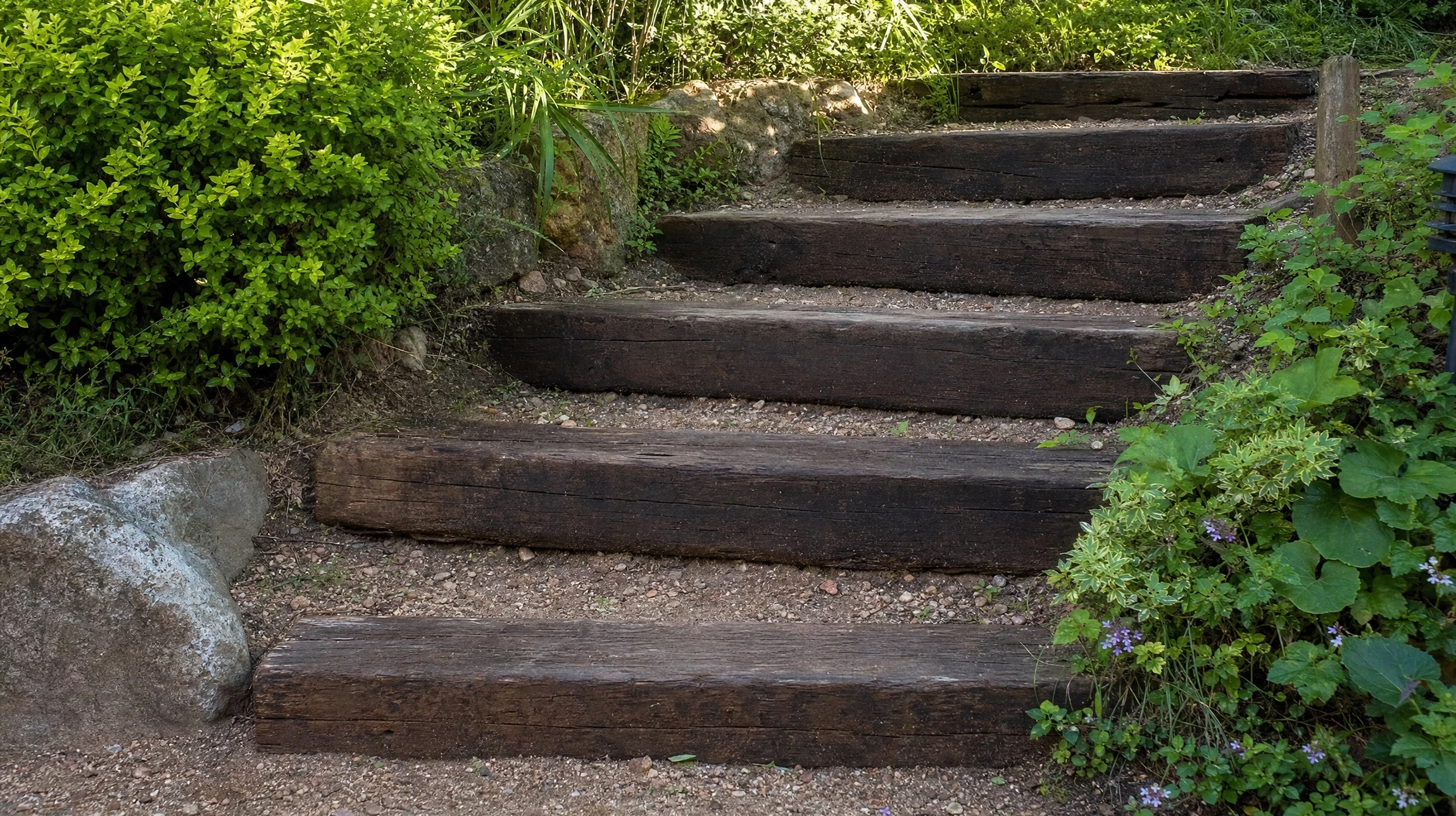 Jardin en terrasses avec murets de soutènement en traverses de chemin de fer recyclées