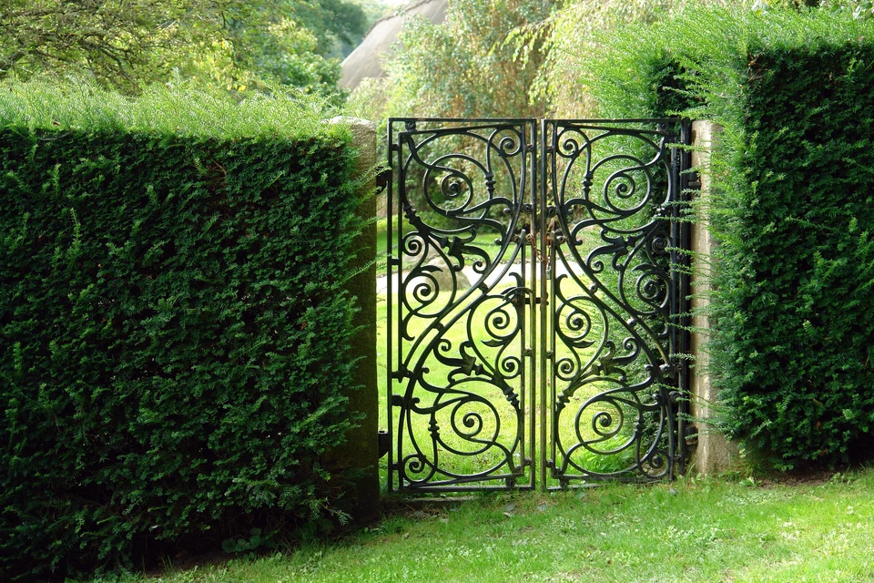 Entrée résidentielle avec portail en fer forgé noir à barreaux verticaux et motifs décoratifs courbes