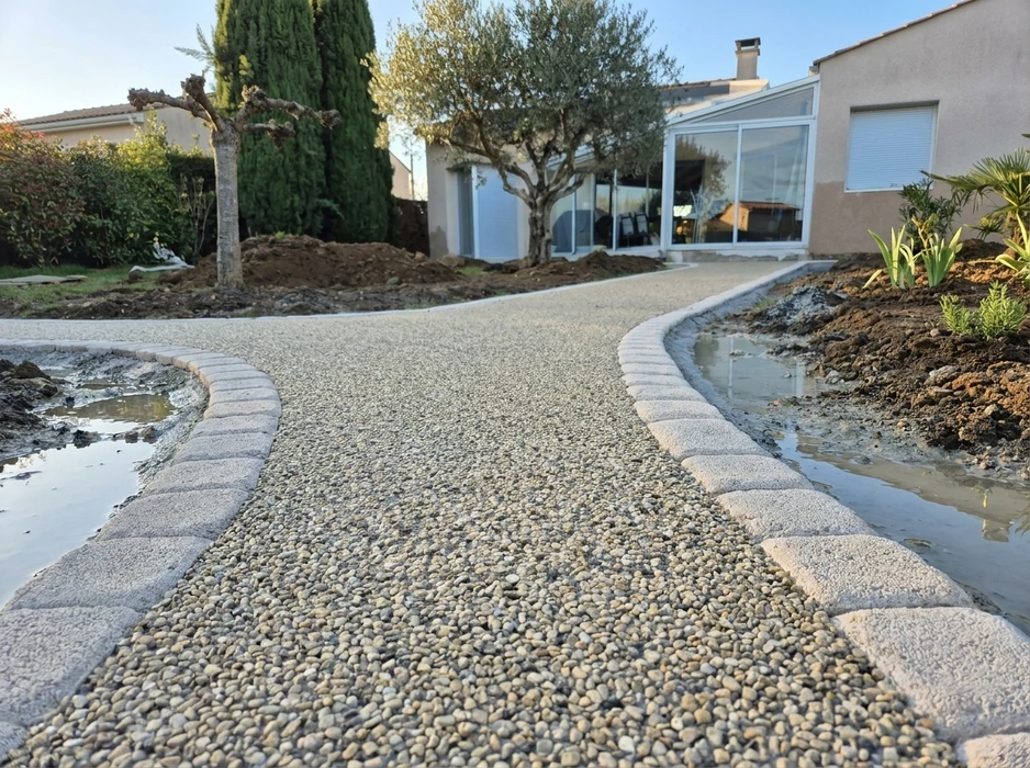 Jardin privatif moderne et soigné, vue extérieure en légère plongée